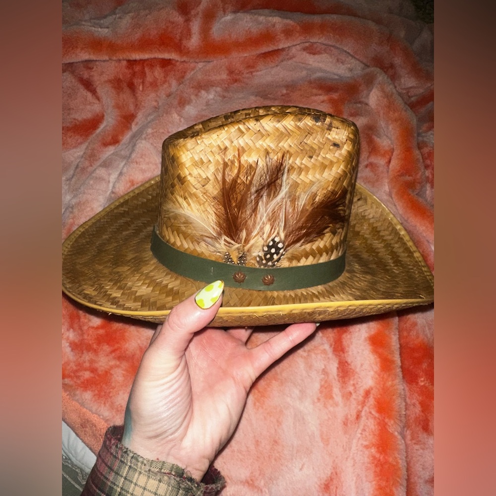 Hand Woven Straw Cowboy Hat Green Leather Band Featuring Feathers - Picture 4 of 15